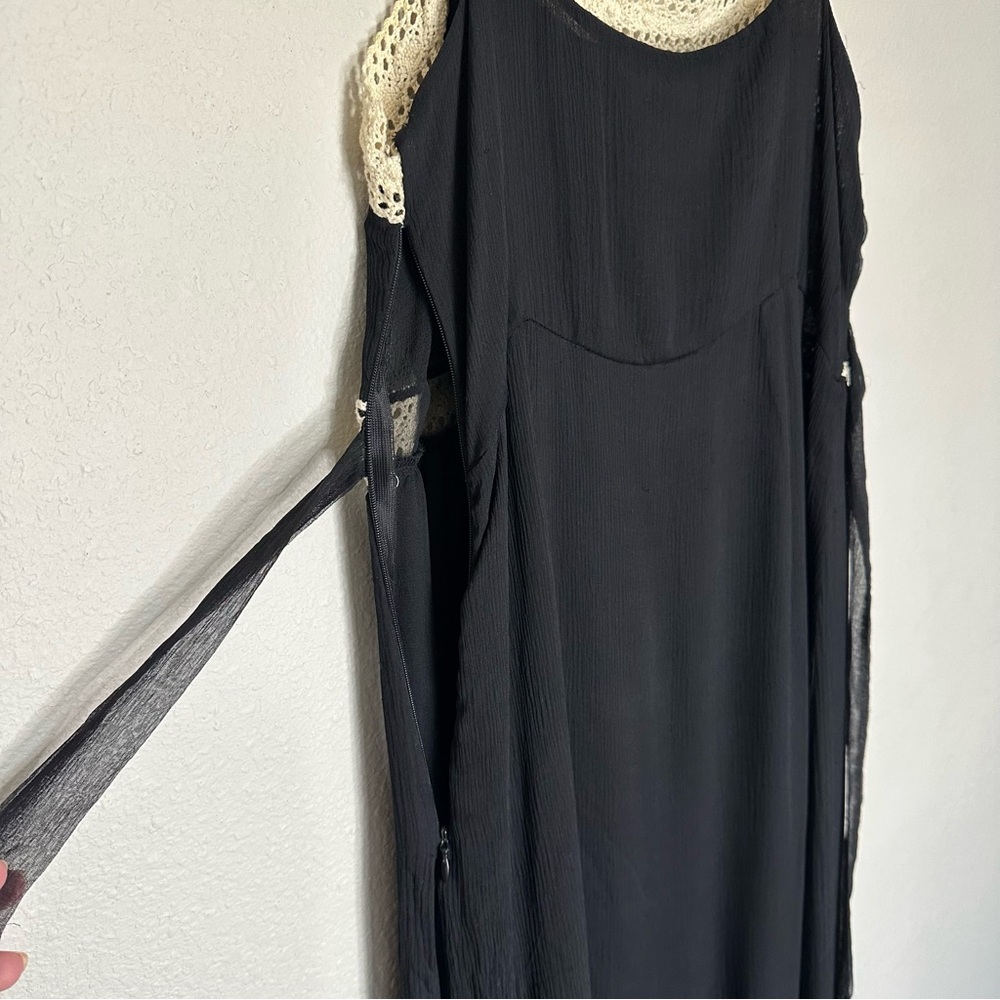 Vintage 100% Whimsigoth Silk Black Dress with Crochet Straps and Details. Size 8 - Picture 7 of 8